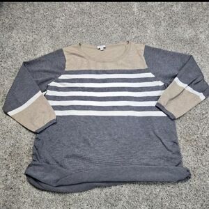 18 / 20 Avenue Womens Striped Long Sleeve Rouched Sides Top -Tan Gray White